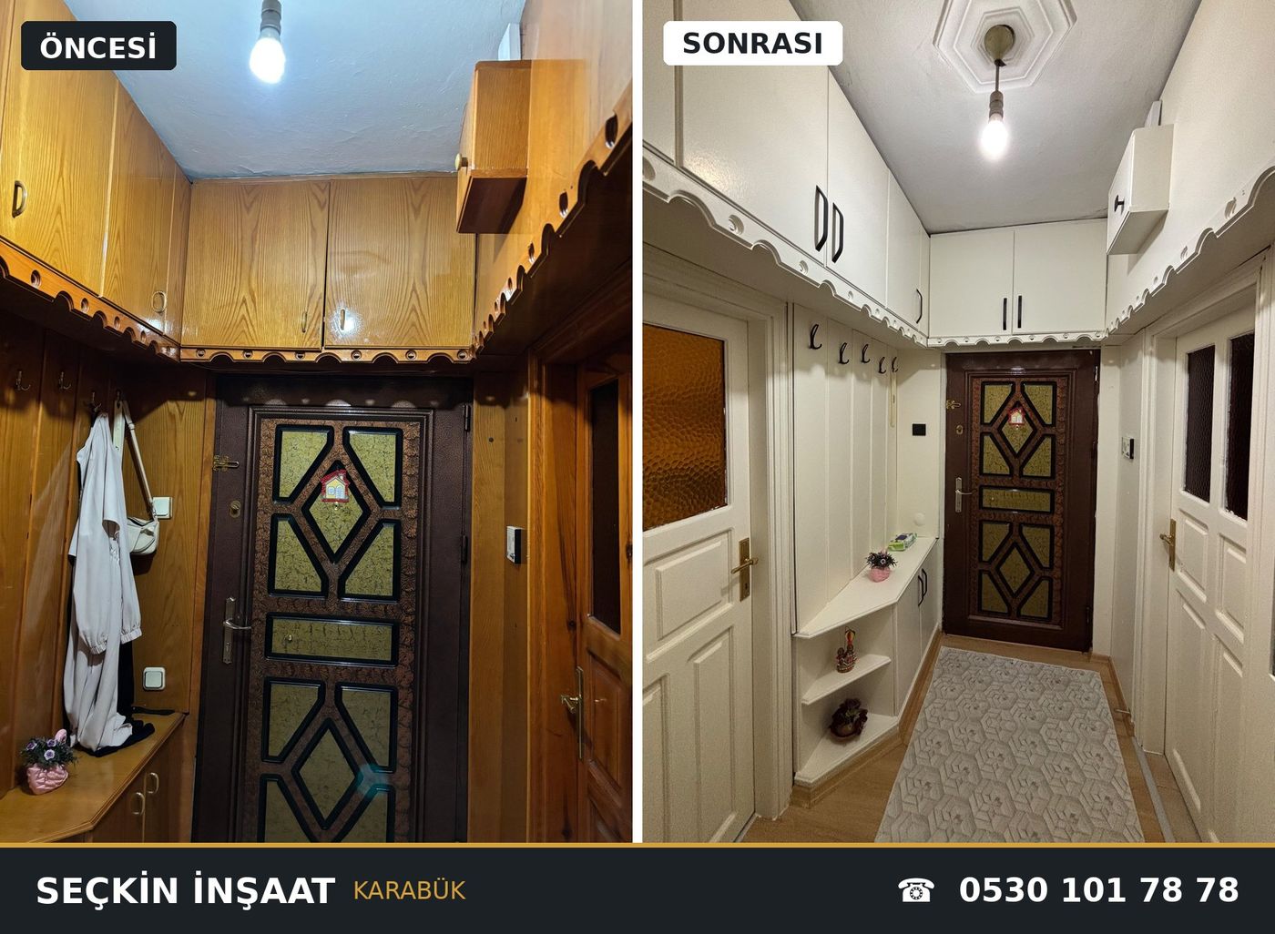 Ahşap kaplamalı antre, dolaplar ve kapılar beyaza boyanmadan önce ve sonra